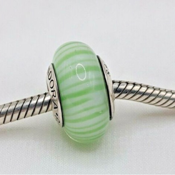 RETIRED Authentic Pandora Green Candy Stripe Murano Charm - Picture 2 of 11